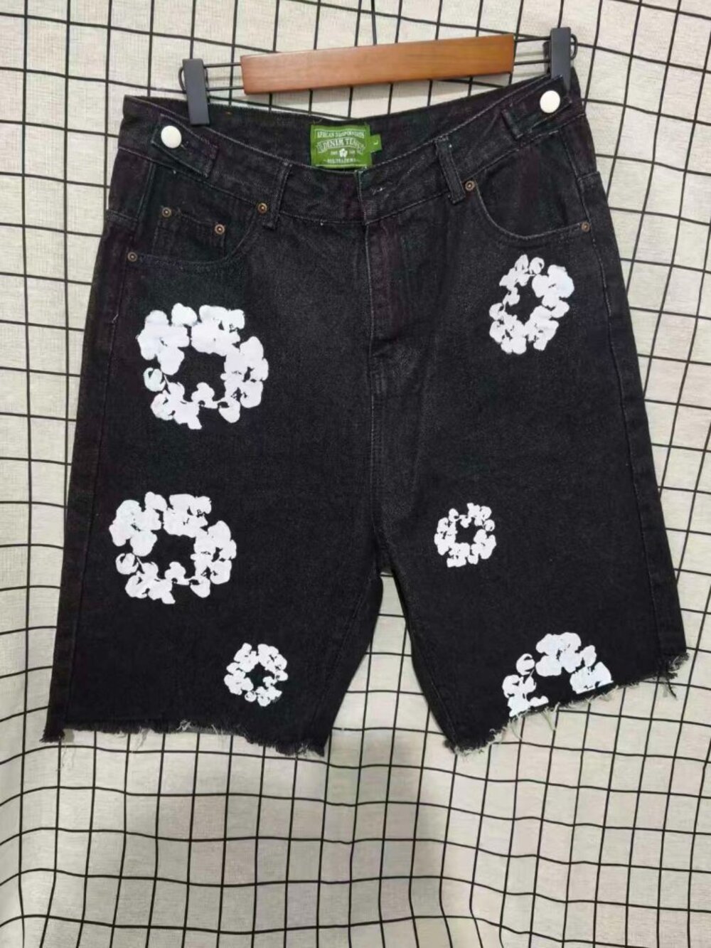 Denim Tears Black Denim Shorts White Wreath Cotton Print, Unisex Raw Hem Jorts